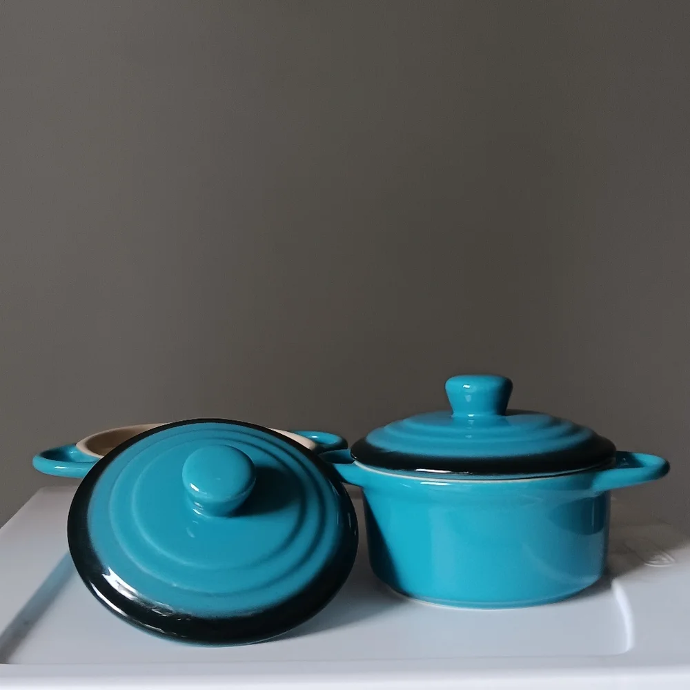 Pair of Ceramic Bowls with Lids & Handles Aqua Blue White 4.5